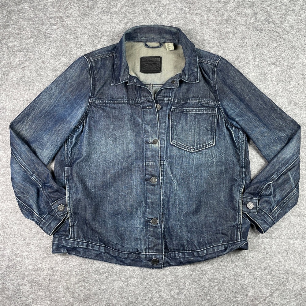 Levis Type I Denim Trucker Jacket Womens L Blue Faded Whiskered Modern Heritage